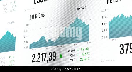 Oil and gas sector chart, stock exchange, market data. Oil and gas stocks, sector chart moving up. Stock market and exchange monitor with charts and i Stock Photo