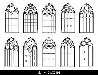 Medieval windows of gothic castle or church glass and cathedral arches, vector architecture. Vintage gothic windows with stained glass ornament, antique temple or Renaissance church arched windows Stock Vector