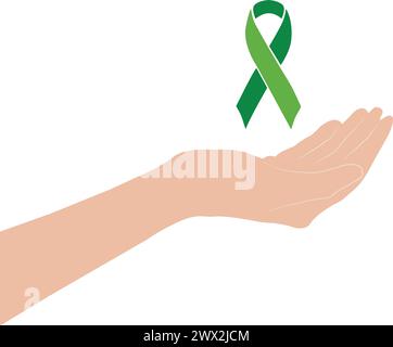 A hand holding a green ribbon on a white background with copy space Stock Vector
