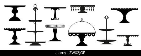 Wedding ceremony and tea cake platter, stand or tray silhouettes. Elegant black vector monochrome tables or plates set for displaying fruits and desserts during festive events and ceremonies Stock Vector