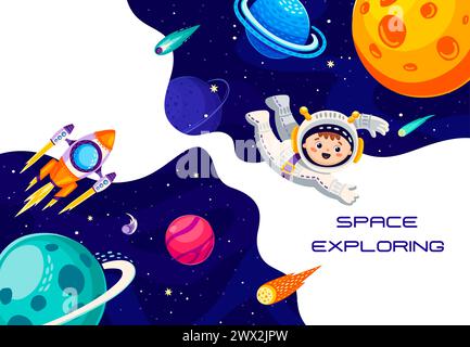 Space explore banner with kid astronaut in outer space between planets and stars, vector background. Space exploration and galaxy adventure with kid spaceman, rocket or spaceship on spaceflight in sky Stock Vector