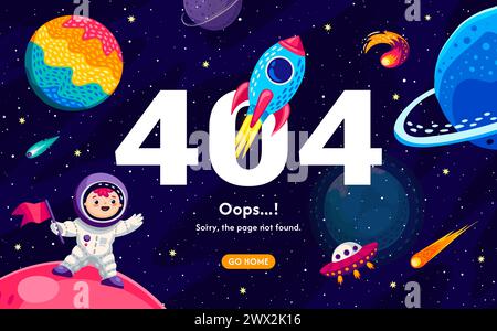 404 page, galaxy space landscape with stars, planets, space rocket and kid astronaut, vector background. 404 webpage error and Oops page not found with go home button with spaceship and alien UFO Stock Vector