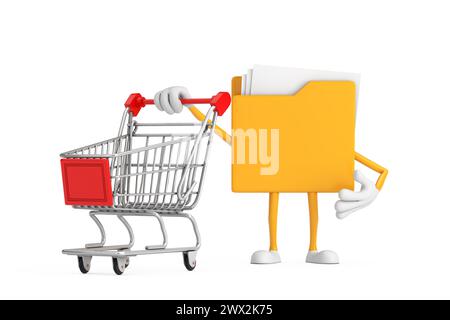 Yellow Folder Icon Cartoon Person Character Mascot with Shopping Cart Trolley on a white background. 3d Rendering Stock Photo