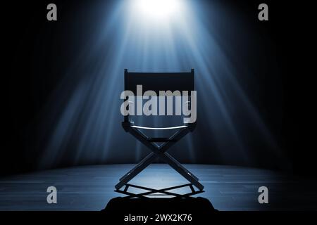 Cinema Industry Concept. Back of Director Chair in Spotlight Lights on a black background. 3d Rendering Stock Photo