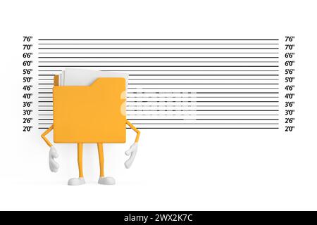 Yellow Folder Icon Cartoon Person Character Mascot in front of Police Lineup or Mugshot Background extreme closeup. 3d Rendering Stock Photo