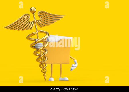 Yellow File Folder Icon Cartoon Person Character Mascot with Golden Medical Caduceus Symbol on a yellow background. 3d Rendering Stock Photo