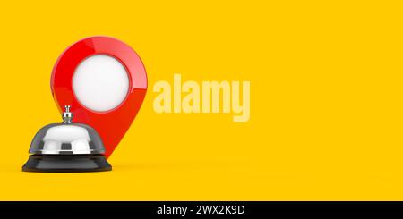Hotel Service Bell with Red Map Pointer Pin on a yellow background. 3d Rendering Stock Photo