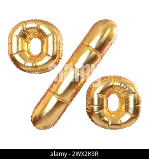 Golden Metal Balloon Percent Sign Symbol for Festive, Text, Holidays on a white transperent background. 3d Rendering Stock Photo