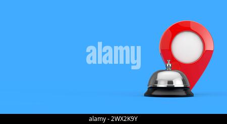 Hotel Service Bell with Red Map Pointer Pin on a blue background. 3d Rendering Stock Photo