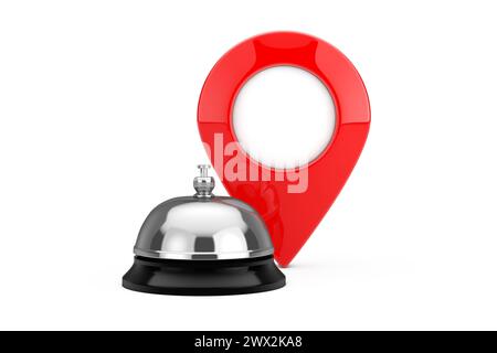 Hotel Service Bell with Red Map Pointer Pin on a white background. 3d Rendering Stock Photo