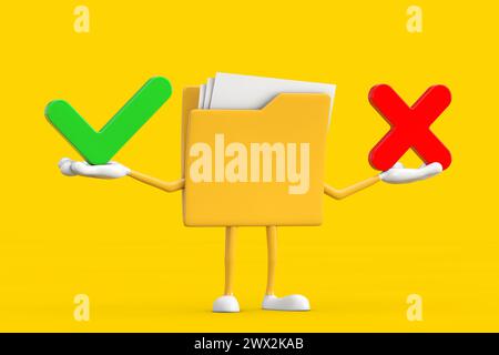 Yellow File Folder Icon Cartoon Person Character Mascot with Red Cross and Green Check Mark, Confirm or Deny, Yes or No Icon Sign on a yellow backgrou Stock Photo