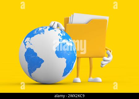 Yellow Folder Icon Cartoon Person Character Mascot with Earth Globe on a yellow background. 3d Rendering Stock Photo