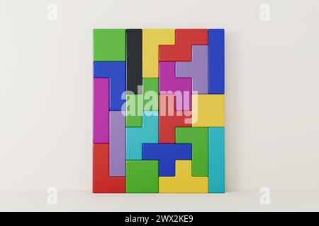 Creative and Logical Thinking Concept. Different Colorful Shapes Wooden Blocks on a white background. 3d Rendering Stock Photo