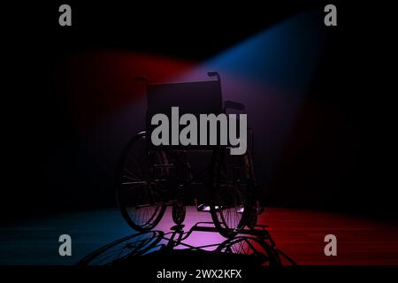 Back of Empty Wheelchair in Spotlight Lights on a black background. 3d Rendering Stock Photo