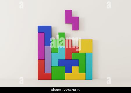 Creative and Logical Thinking Concept. Different Colorful Shapes Wooden Blocks on a white background. 3d Rendering Stock Photo