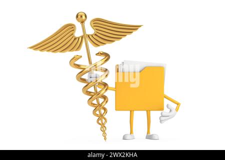 Yellow File Folder Icon Cartoon Person Character Mascot with Golden Medical Caduceus Symbol on a white background. 3d Rendering Stock Photo