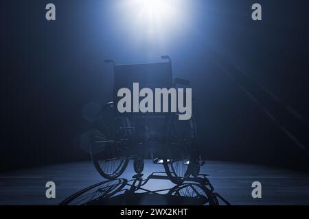 Back of Empty Wheelchair in Spotlight Lights on a black background. 3d Rendering Stock Photo