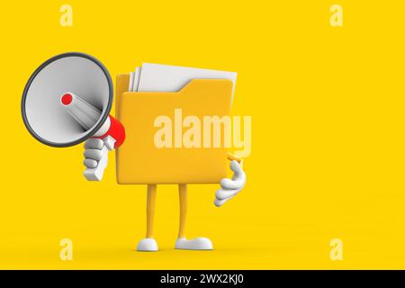 Yellow File Folder Icon Cartoon Person Character Mascot with Red Retro Megaphone on a yellow background. 3d Rendering Stock Photo