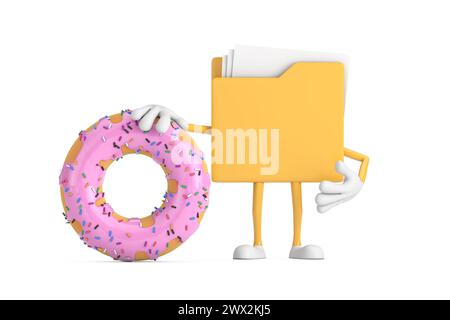 Yellow File Folder Icon Cartoon Person Character Mascot with Big Strawberry Pink Glazed Donut on a white background. 3d Rendering Stock Photo