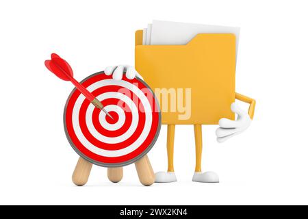 Yellow File Folder Icon Cartoon Person Character Mascot with Archery Target and Dart in Center on a white background. 3d Rendering Stock Photo