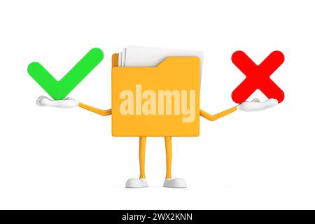 Yellow File Folder Icon Cartoon Person Character Mascot with Red Cross and Green Check Mark, Confirm or Deny, Yes or No Icon Sign on a white backgroun Stock Photo