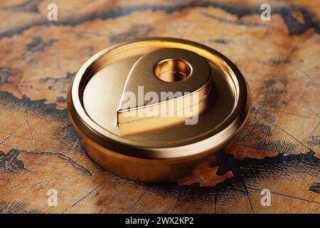 Golden Map Pointer Destination Pin on an old map extreme closeup. 3d Rendering Stock Photo