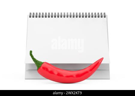Blank Paper Desk Spiral Calendar with Red Chili Pepper on a white background. 3d Rendering Stock Photo