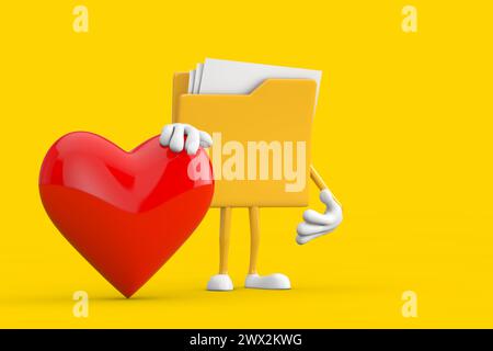 Yellow Folder Icon Cartoon Person Character Mascot with Red Heart on a yellow background. 3d Rendering Stock Photo