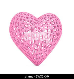 Pink Heart Shape With Abstract Holes Mesh on a white background. 3d Rendering Stock Photo