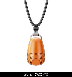 Modern Orange Plastic Miniature Music Speaker Hanging on a Leather Cord on a white background. 3d Rendering Stock Photo