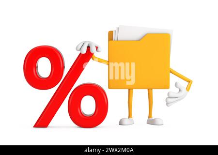 Yellow Folder Icon Cartoon Person Character Mascot with Red Retail Percent Sale or Discount Sign on a white background. 3d Rendering Stock Photo