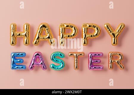 Golden Metal Balloon Letters as Happy Easter Sign on a pink background. 3d Rendering Stock Photo