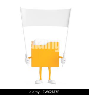 Yellow File Folder Icon Cartoon Person Character Mascot  and Empty White Blank Banner with Free Space for Your Design on a white background. 3d Render Stock Photo
