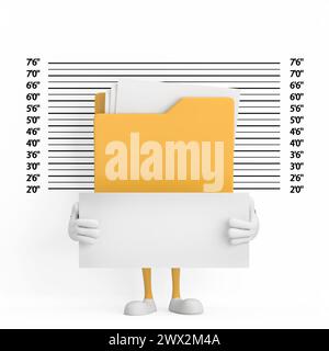 Yellow Folder Icon Cartoon Person Character Mascot with Identification Plate in front of Police Lineup or Mugshot Background extreme closeup. 3d Rende Stock Photo