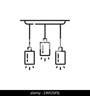 Pendant LED lamps or ceiling spotlights line icon, light fixture and illumination in vector outline. Hanging spot lamps or spotlight lanterns for home interior, night illumination and room lighting Stock Vector