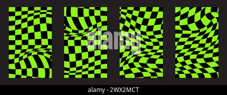 Set of distorted chessboard backgrounds. Psychedelic posters with green and black warped squares. Checkered visual illusions. Preppy patterns in 60s Stock Vector