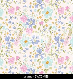 Seamless pattern with flowers and leaves. Hand drawn background.  floral pattern for wallpaper or fabric. Flower rose. Botanic Tile. Stock Vector