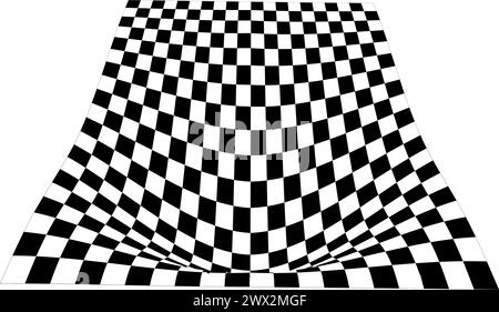 Checkered plane distortion in perspective. Warped tile floor. Curvatured checkerboard texture. Convex board with squared pattern. Gravity phenomenon Stock Vector