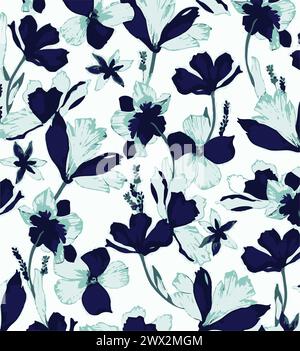 Seamless pattern with flowers and leaves. Hand drawn background.  floral pattern for wallpaper or fabric. Flower rose. Botanic Tile. Stock Vector
