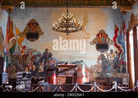 Detail of mural by Dan Sayre Groesbeck in Santa Barbara County Courthouse, California, USA, depicting arrival of Spanish in California. Stock Photo