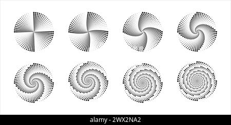 Circular ripple icons. Concentric circles with swirled polka dot lines isolated on white background. Vortex, sonar wave, soundwave, whirlpool, black Stock Vector