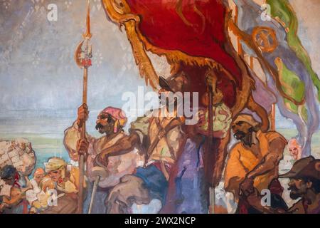 Detail of mural by Dan Sayre Groesbeck in Santa Barbara County Courthouse, California, USA, depicting arrival of Spanish in California. Stock Photo