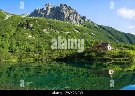 Mountain cottage reflecting in the lake. Chata pri Zelenom plese in High Tatras mountains, Slovakia Stock Photo