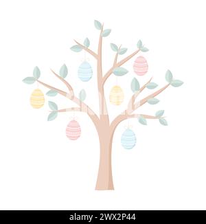 A tree decorated with colorful Easter eggs, isolated on a white background. Flat vector illustration Stock Vector