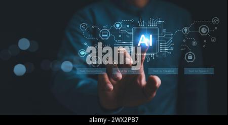 Man using hand AI, Artificial Intelligence to generate content. Text to image, speech, smart AI, by enter command prompt for generates something, Futu Stock Photo