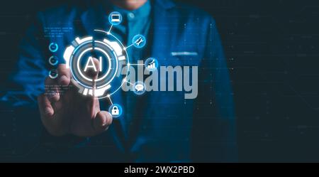 Man using hand AI, Artificial Intelligence to generate content. Text to image, speech, smart AI, by enter command prompt for generates something, Futu Stock Photo
