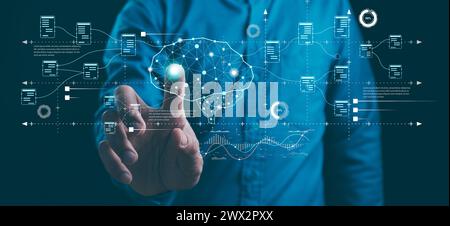 Big data technology and AI data science. Data scientist querying, analysing and visualizing complex set on virtual screen. Data flow concept. Neural n Stock Photo