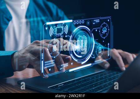 AI-Artificial intelligence innovation. AI adoption and operational support. AI with digital brain, predictive analytics, data analysis. Electronic min Stock Photo