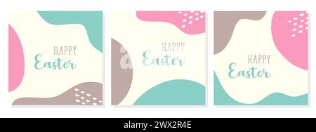 Happy Easter set, abstract banners in boho style pink green brown pastel colors harmony. Vector illustration Stock Vector