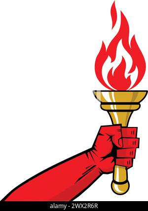 Red hand hold olympic torch. Symbol of Olympic Games, freedom, victory. Vector on transparent background Stock Vector